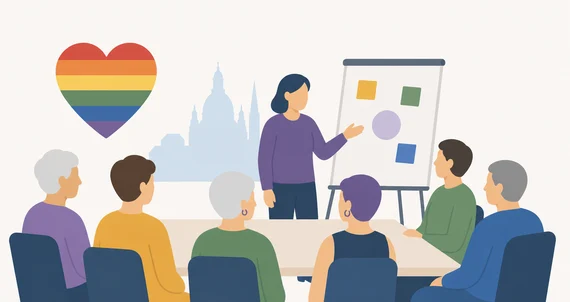 Grafik in der mehrere ältere Personen um einen Konferenztisch sitzen und ein Herz mit Regenbogenfarben ist an der Wand.