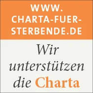 Button mit Text "Wir unterstützen die Charta" und Webadresse charta-fuer-sterbende.de in Orange und Grau.