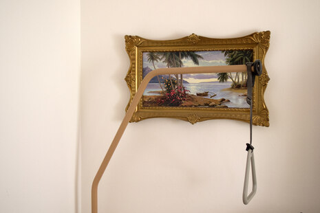 Ein Bild von einem Strand mit Palmen hängt in einem goldenen Rahmen an der Wand. Davor ist ein Haltegriff zu sehen, der an einem Pflegebett angebracht ist. 
