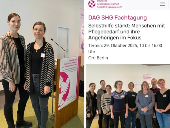 Collage zur DAG SHG Fachtagung in Berlin: Zwei Frauen am Rednerpult und Teamfoto der Teilnehmenden mit Veranstaltungsankündigung.