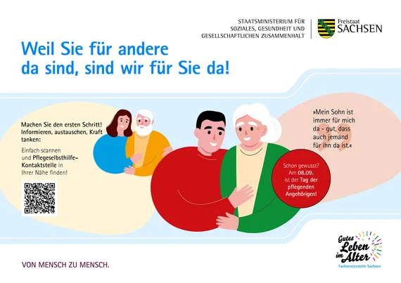 Plakat "Weil Sie für andere da sind, sind wir für Sie da!" mit Illustrationen pflegender Angehöriger und QR-Code zur Kontaktstelle.