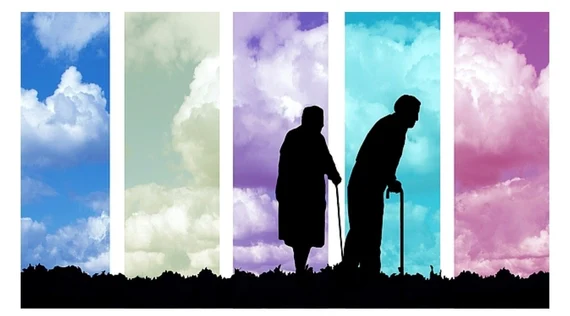 Grafik mit Silhouetten zweier Personen mit Gehstock vor farbigen Wolkenpanels in Blau, Grün, Violett, Türkis und Rosa.