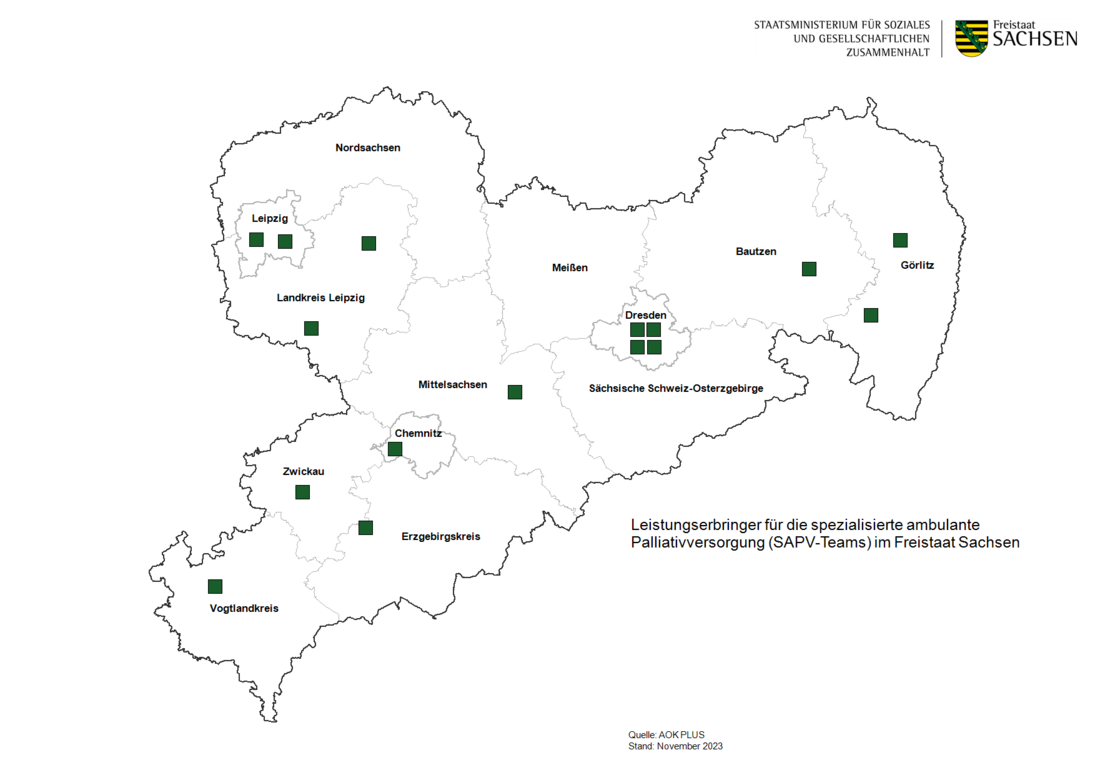 Landkarte des Freistaates Sachsen mit den Standorten der Leistungserbringer für spezialisierte ambulante Palliativversorgung