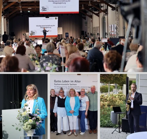 Collage des Sommerfestes der Alltagsbegleitung in Radebeul. Auf dem oberen größten Foto ist die Location mit dem Publikum sichtbar. Darunter sind drei kleine Fotos platziert. Unten links ist die Staatsministerin Frau Köpping am Rednerpult. Auf dem mittler