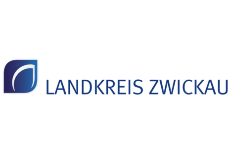 Logo Landkreis Zwickau mit blauem Tropfensymbol und Schriftzug.